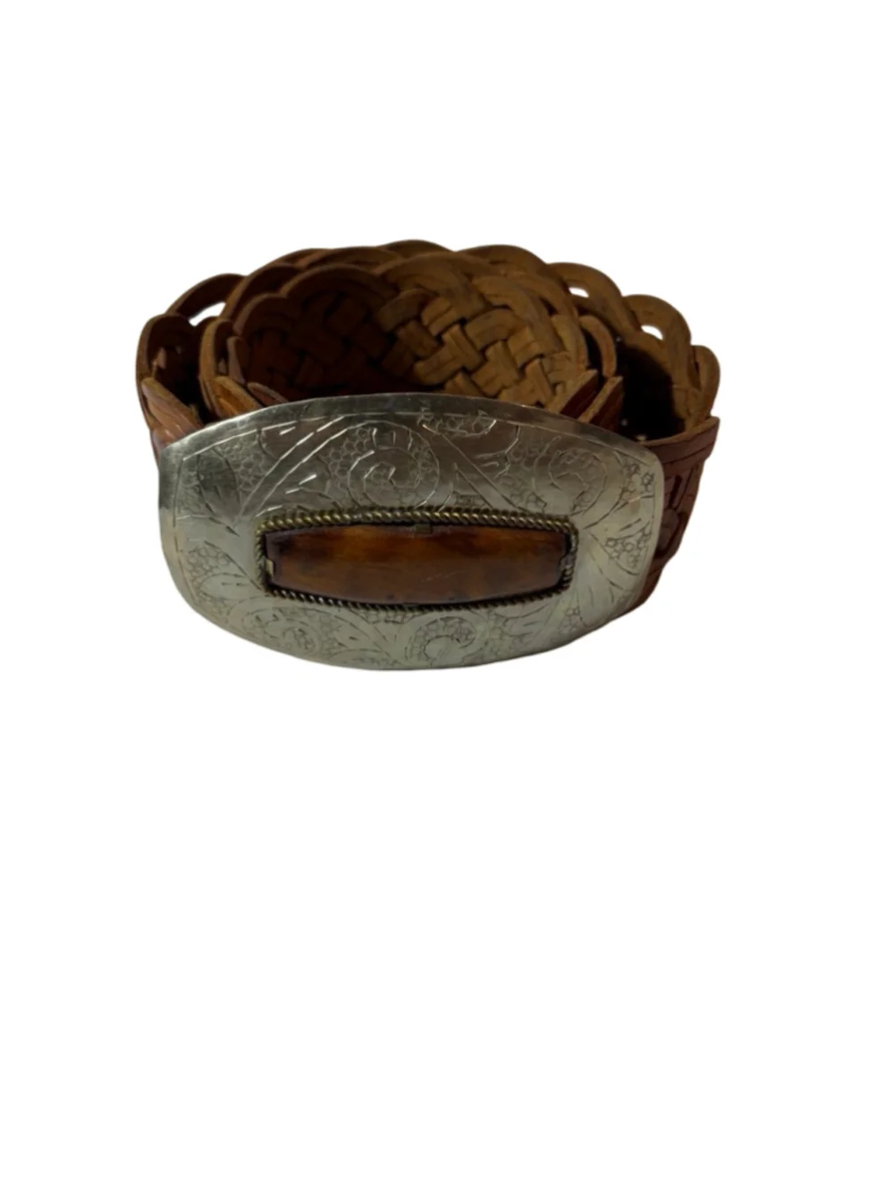 Chico’s Braided Genuine Leather Statement Belt Silver Buckle M/L